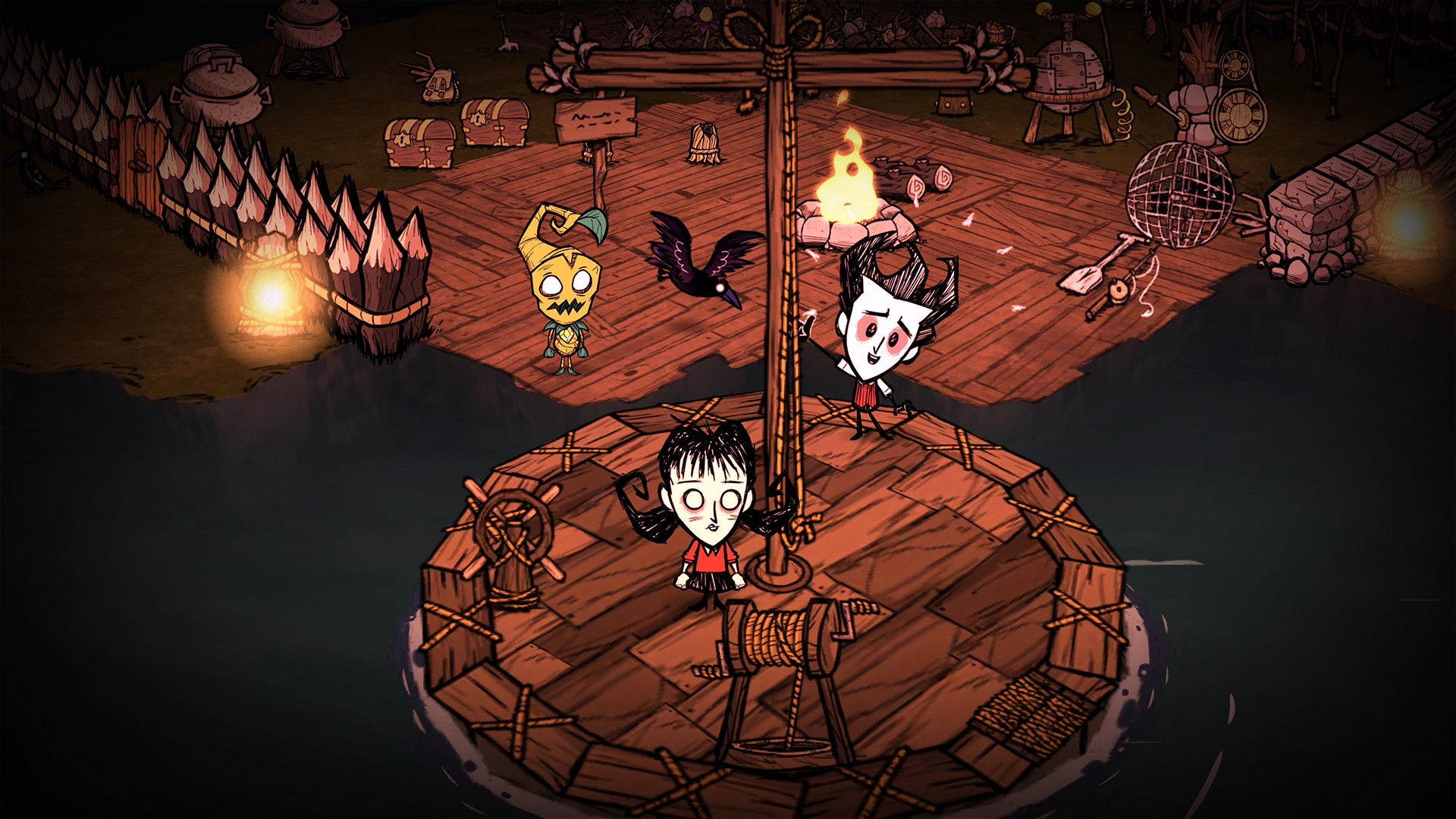 Don't Starve Together base camp at night — Wilson and Willow at the fire pit on a free DST server