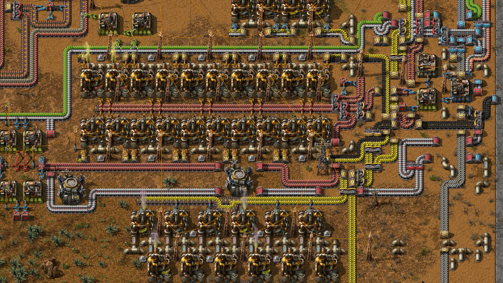 Oil refinery rows with chemical plants and pipes in Factorio — oil processing on a free Factorio server