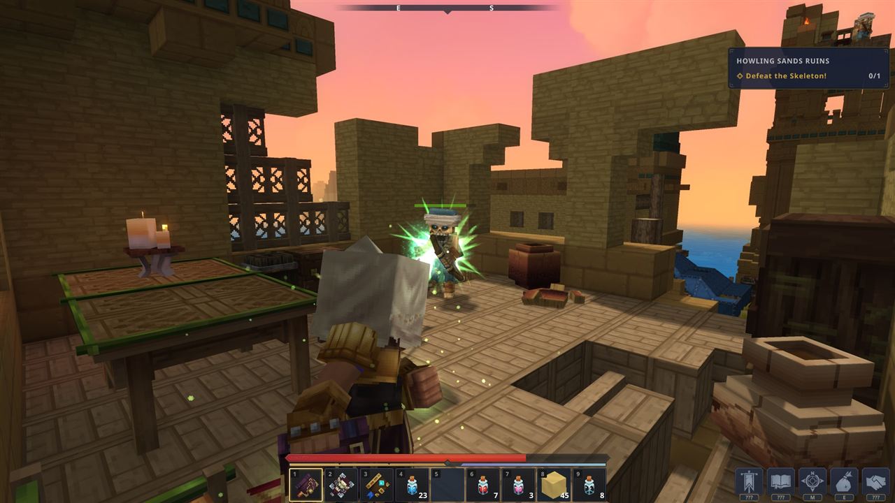 Fighting a skeleton archer in a Hytale dungeon — co-op combat on a private Hytale server