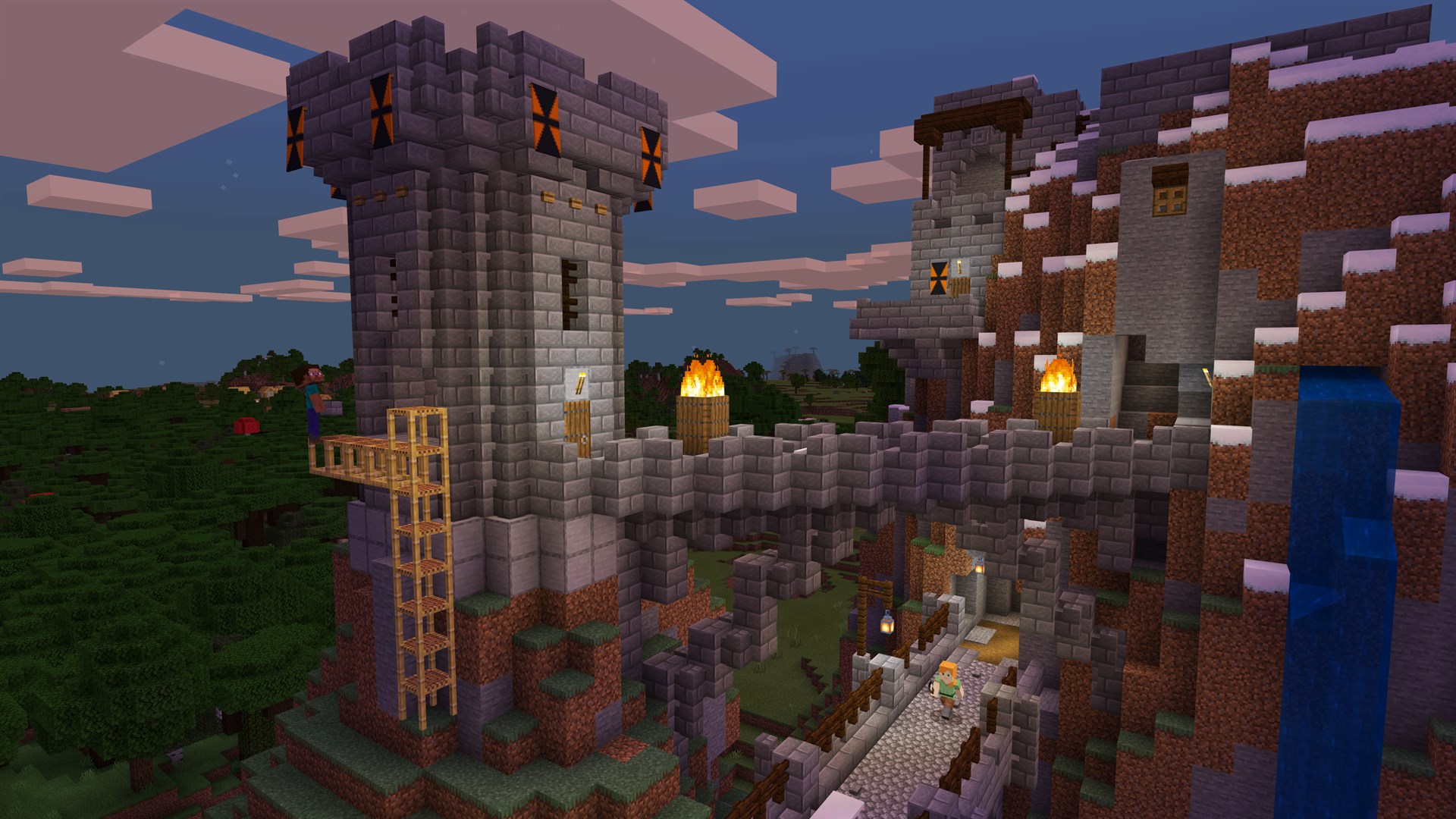 Minecraft castle build at dusk — Steve and Alex exploring a mountain stronghold on a free Minecraft server