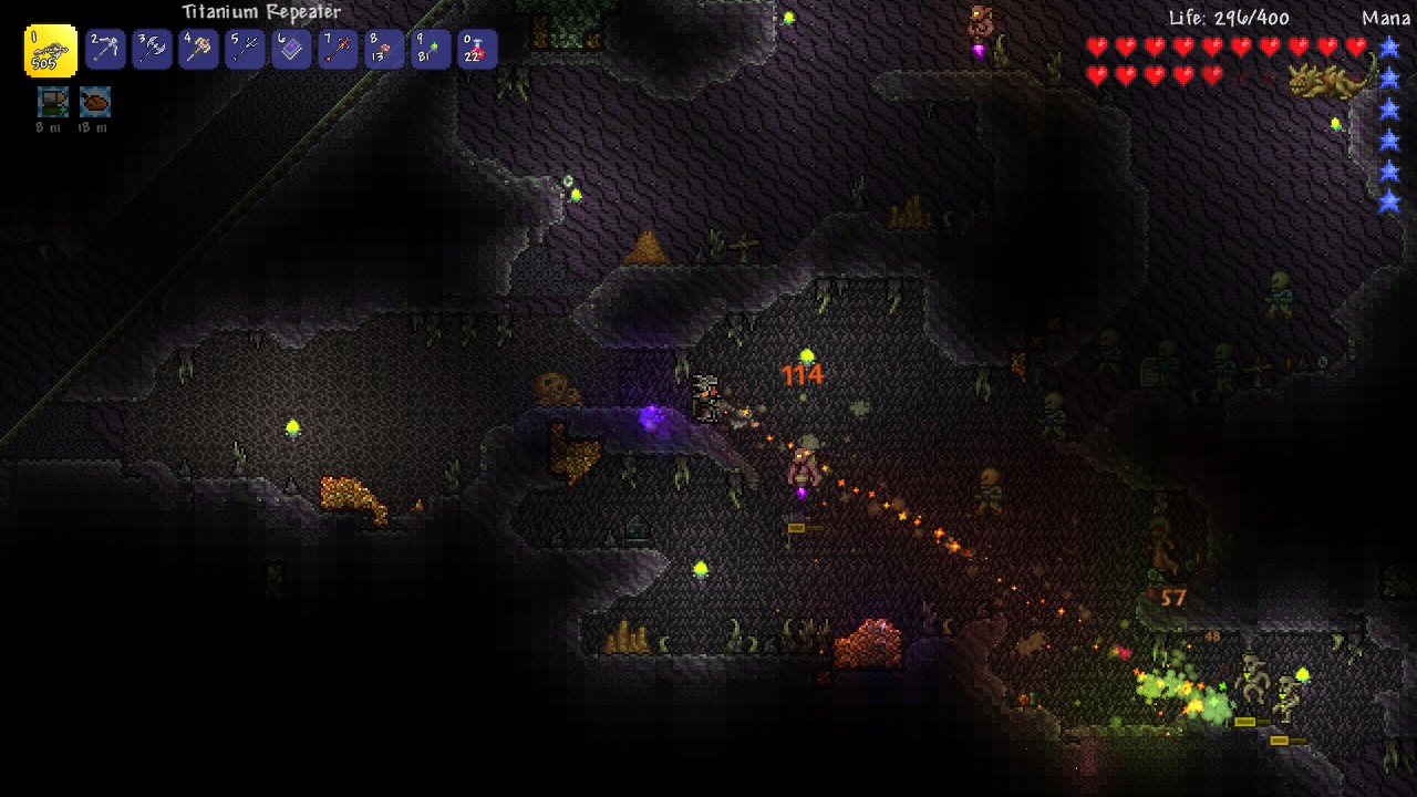 Underground cavern combat against skeletons in Terraria — co-op mining runs on a Terraria multiplayer server