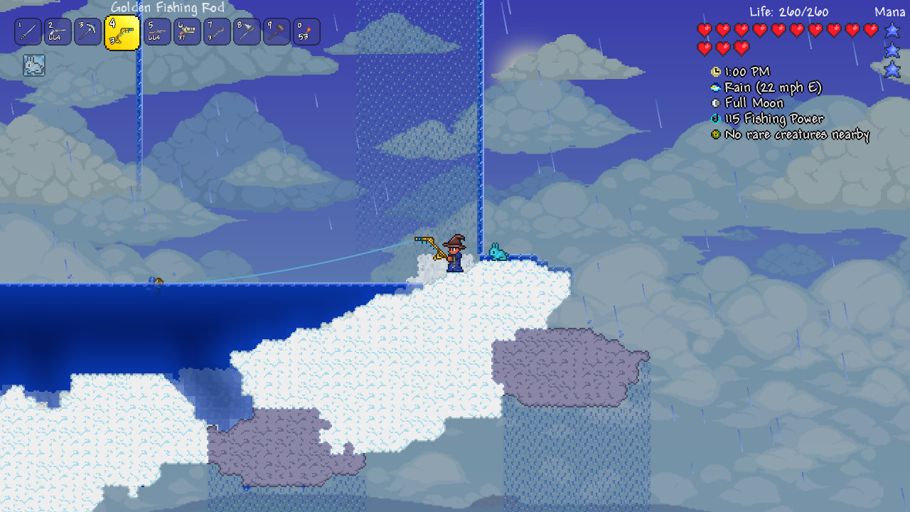 Fishing on a sky lake under a full moon in Terraria — fishing quests on a free Terraria multiplayer server