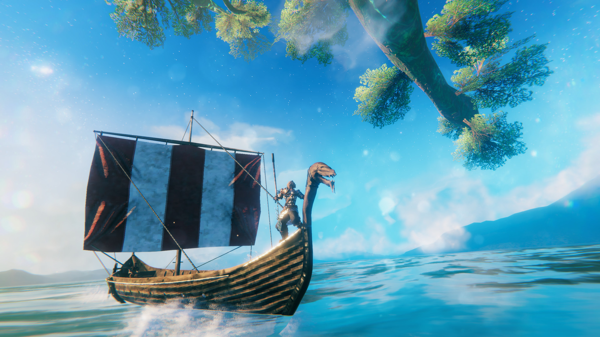Viking longship sailing the ocean beneath Yggdrasil in Valheim — explore together on a free Valheim server