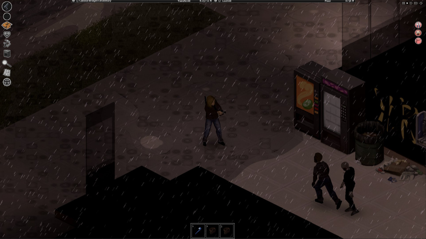 Armed survivor on a rainy night street with zombies in Project Zomboid — night runs on a Project Zomboid server