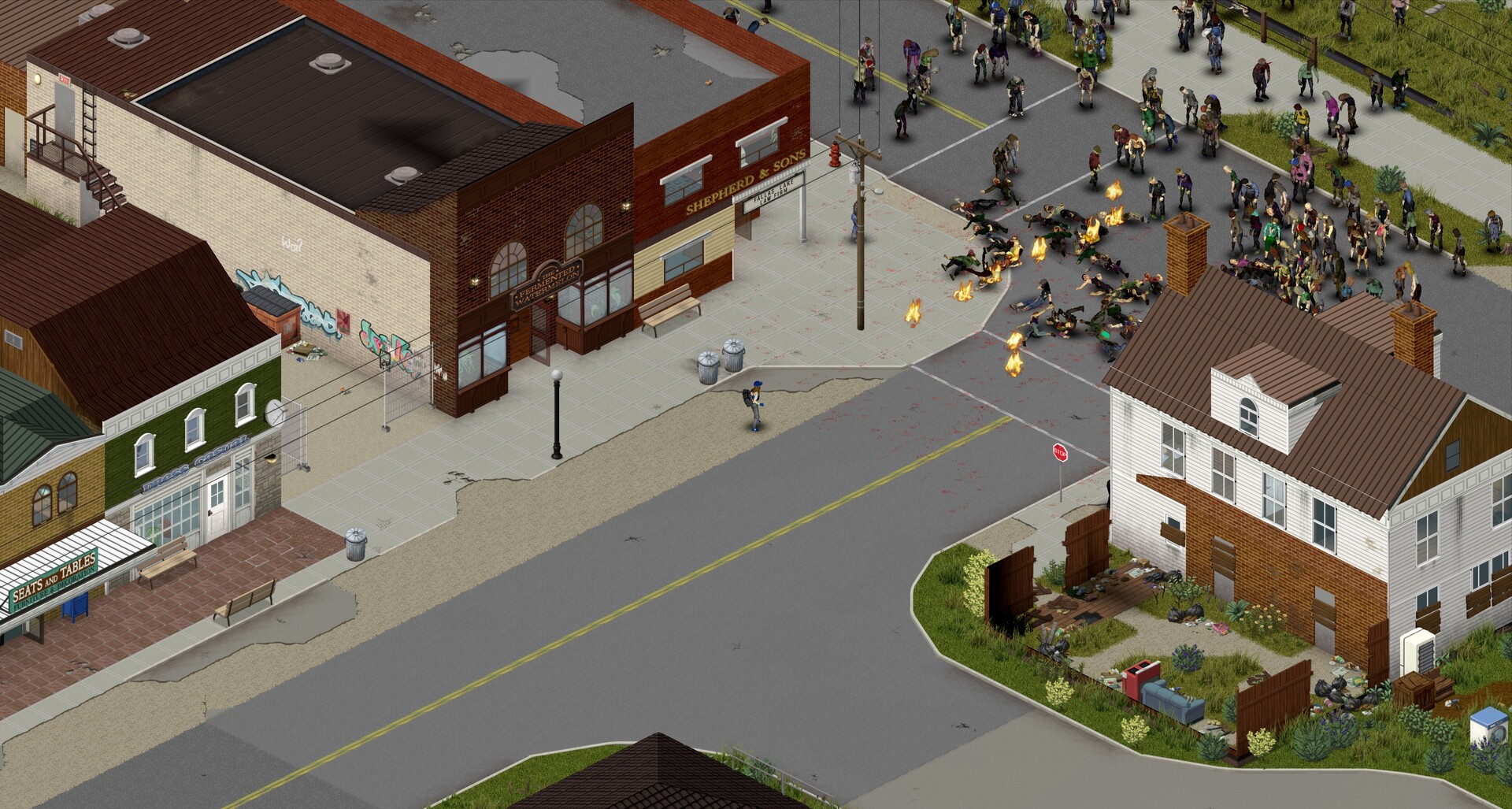 Massive zombie horde in downtown Knox County — horde survival on a free Project Zomboid server